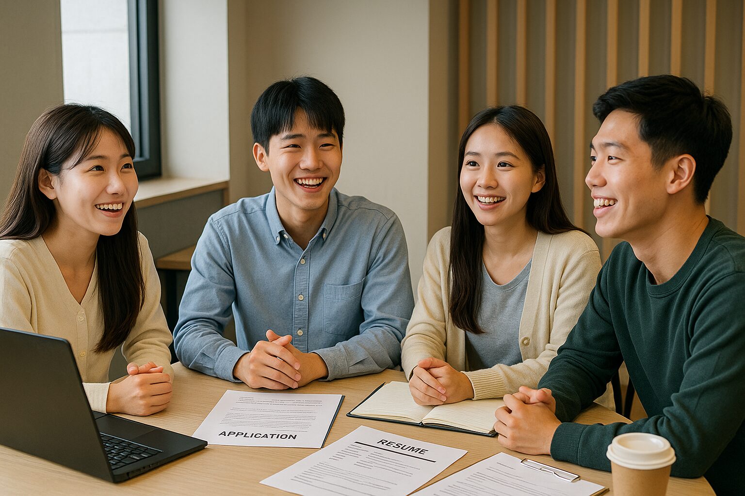 청년 구직활동지원금 – 구직 준비 청년 대상 맞춤형 지원. 구직활동을 위한 청년들이 모여 이야기하는 모습