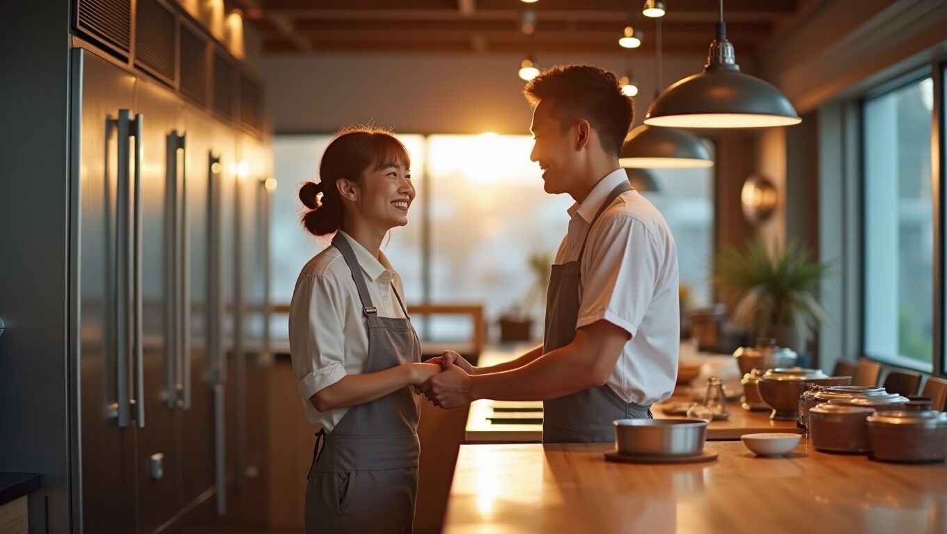 부부가 운영하는 식당에 새로운 냉장고 설치하고 소상공인 고효율 지원사업 혜택으로 기뻐하는 모습