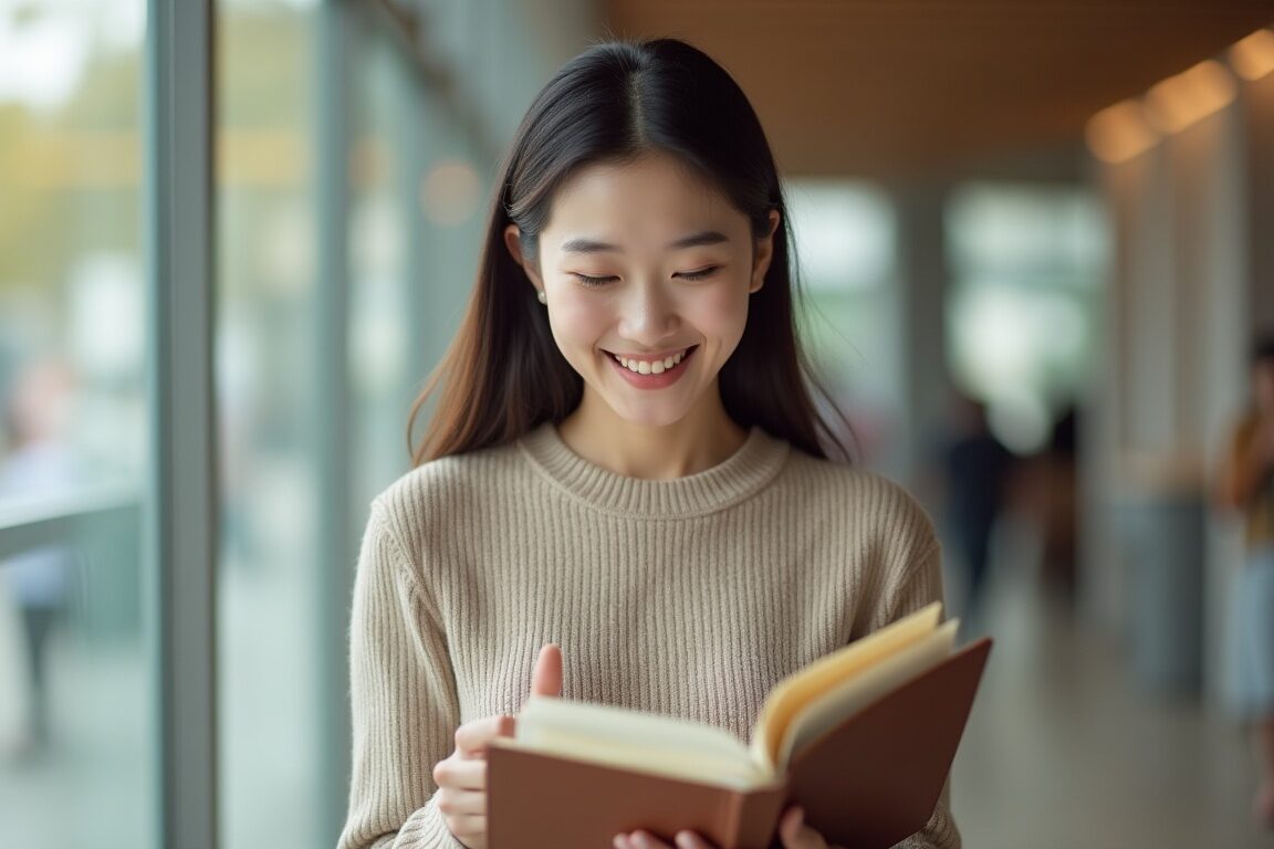 젋은 여성이 책을 보며 미소 짓는 모습