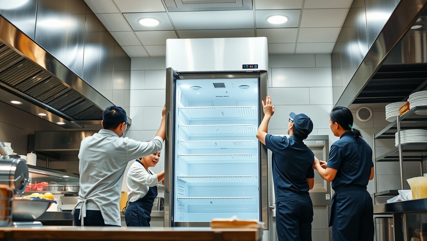 식당 주방에 소상공인 고효율 기기 지원 사업으로 고효율 새 냉장고를 설치하는 모습