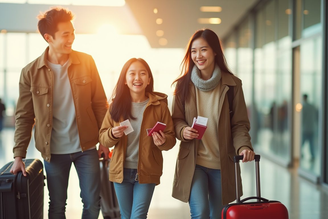 안전한 저가 항공사를 타고 해외여행 하는 가족의 모습