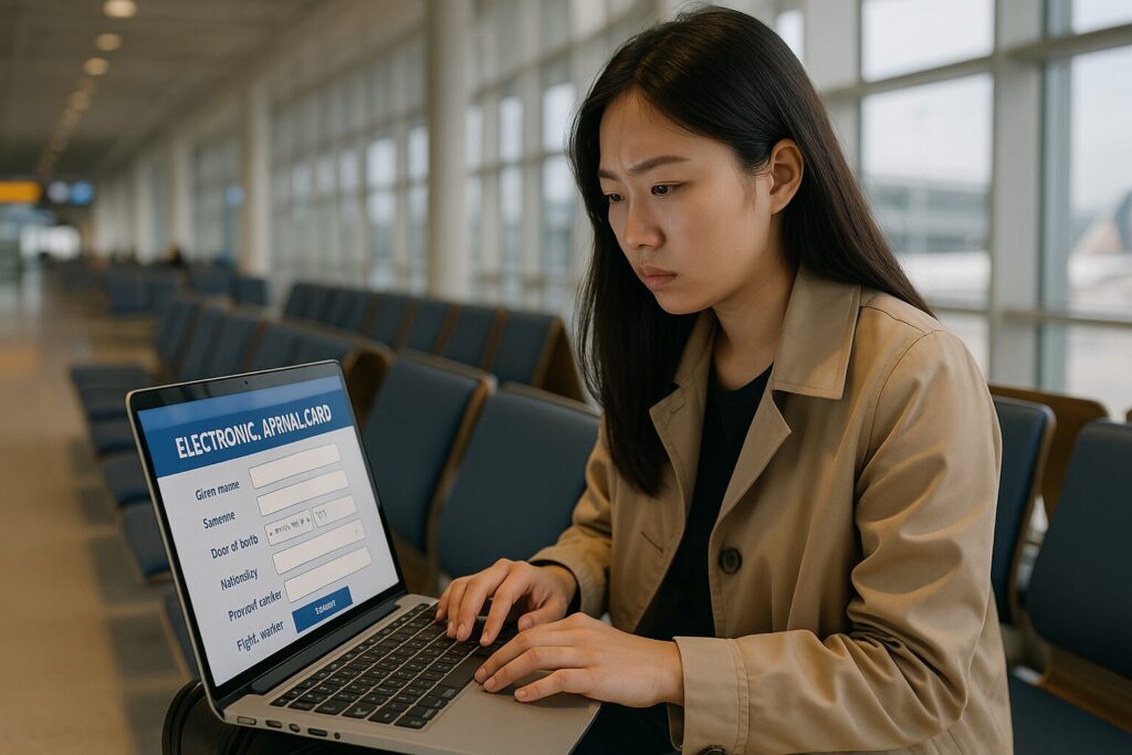 전자입국 신고서를 급하게 공항에서 작성하는 여성의 모습