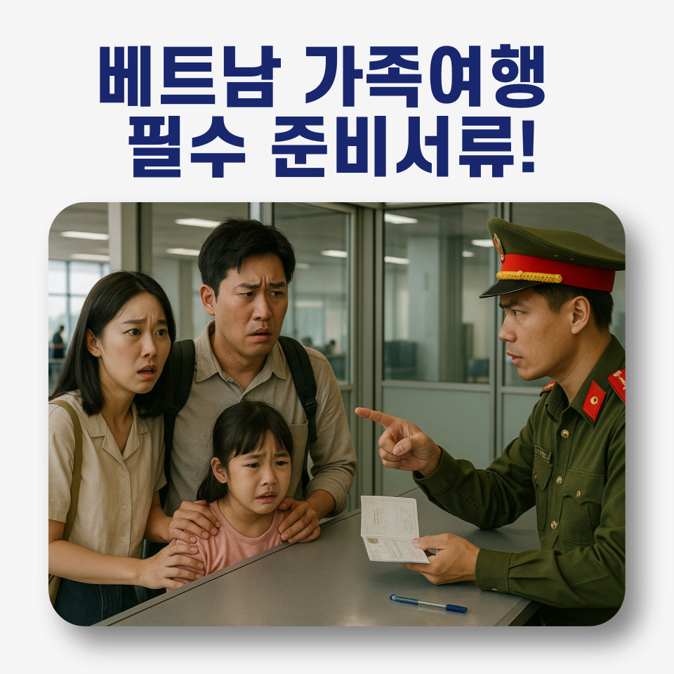 베트남 입국심사에서 서류 불충분으로 곤란해 하는 가족의 모습