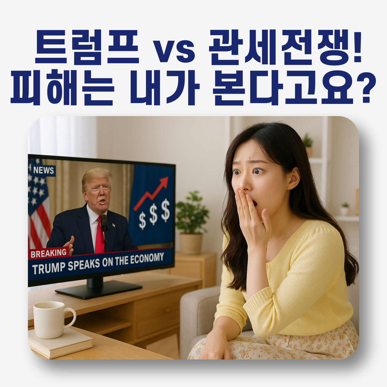 티비를 보고 놀라는 여성의 모습