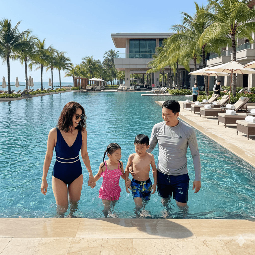 말레이시아 여행으로 고급 호텔에서 즐기는 가족의 모습