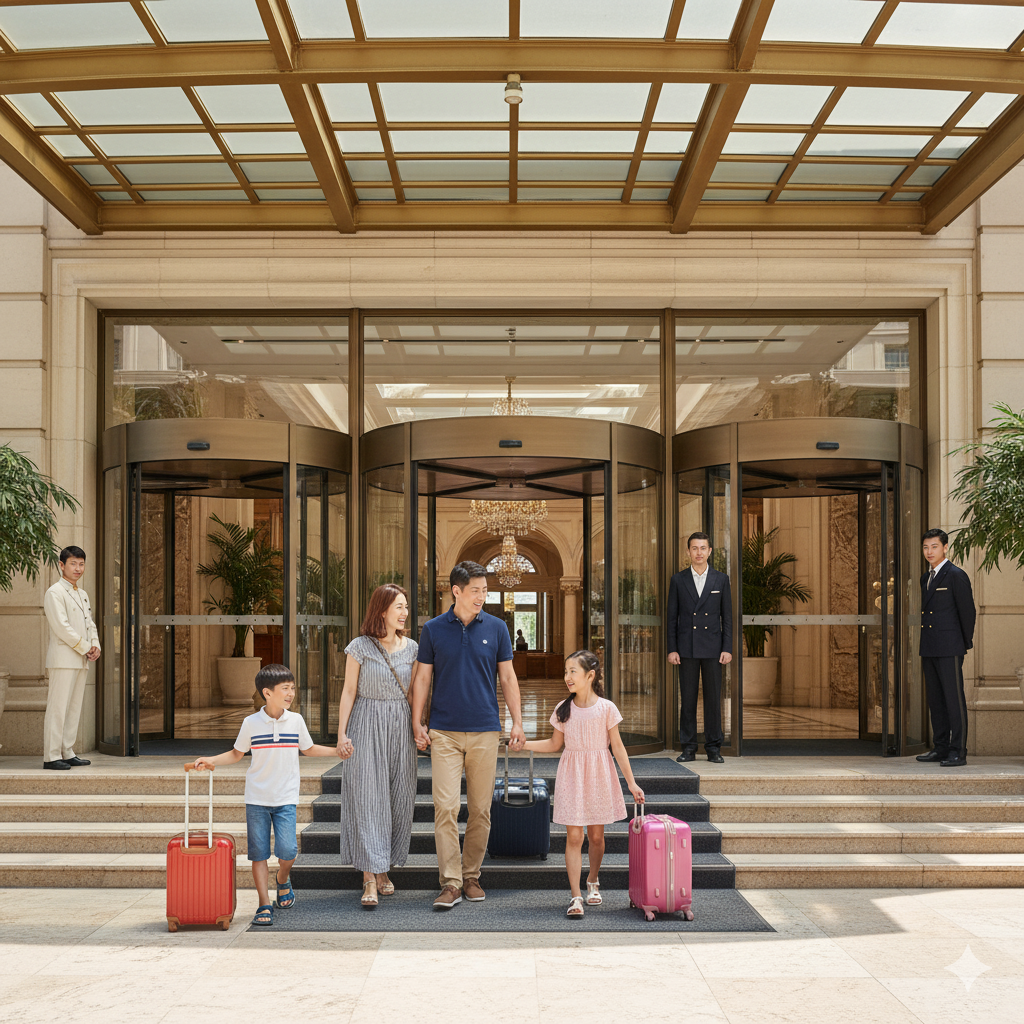 호텔 예약 후 호텔 이용하러 가는 가족의 모습